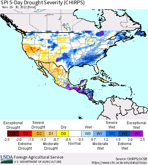 North America SPI 5-Day Drought Severity (CHIRPS) Thematic Map For 11/26/2022 - 11/30/2022
