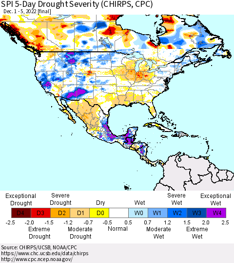 North America SPI 5-Day Drought Severity (CHIRPS) Thematic Map For 12/1/2022 - 12/5/2022