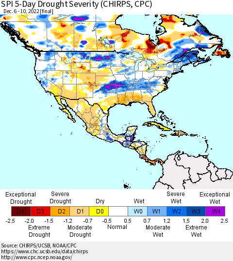 North America SPI 5-Day Drought Severity (CHIRPS) Thematic Map For 12/6/2022 - 12/10/2022