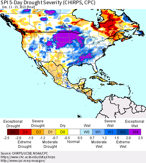 North America SPI 5-Day Drought Severity (CHIRPS) Thematic Map For 12/11/2022 - 12/15/2022