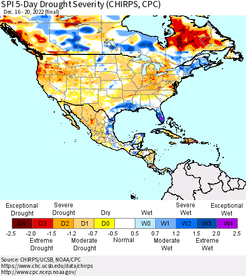 North America SPI 5-Day Drought Severity (CHIRPS) Thematic Map For 12/16/2022 - 12/20/2022
