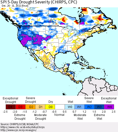 North America SPI 5-Day Drought Severity (CHIRPS) Thematic Map For 12/26/2022 - 12/31/2022