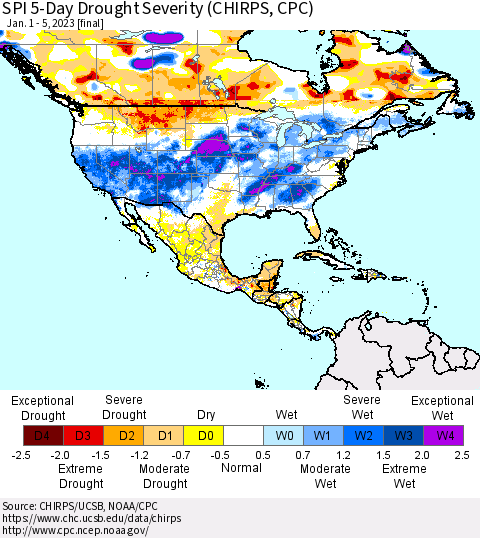 North America SPI 5-Day Drought Severity (CHIRPS) Thematic Map For 1/1/2023 - 1/5/2023