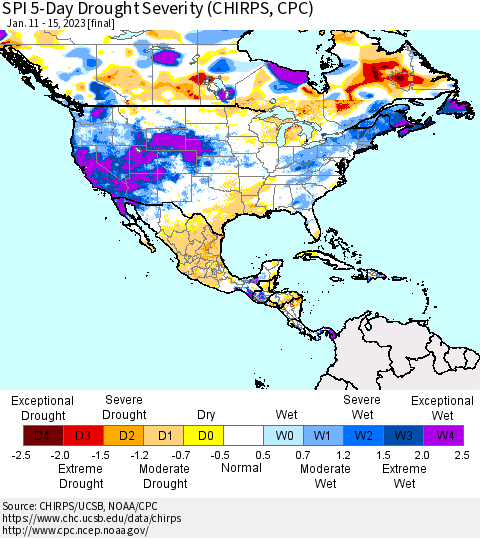North America SPI 5-Day Drought Severity (CHIRPS) Thematic Map For 1/11/2023 - 1/15/2023