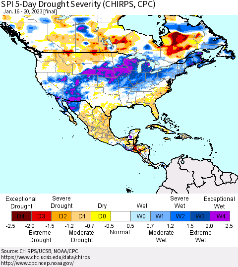 North America SPI 5-Day Drought Severity (CHIRPS) Thematic Map For 1/16/2023 - 1/20/2023