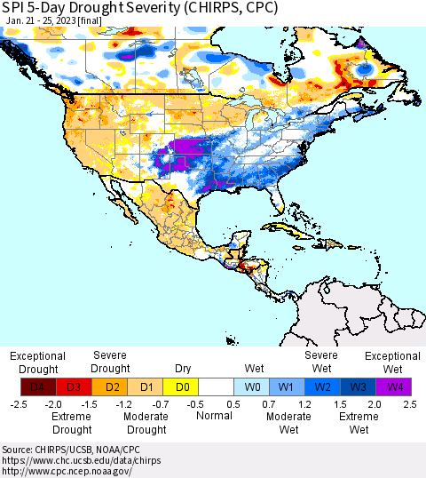 North America SPI 5-Day Drought Severity (CHIRPS) Thematic Map For 1/21/2023 - 1/25/2023