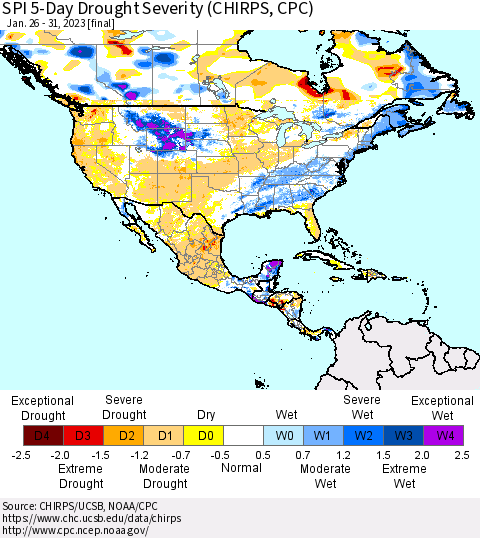 North America SPI 5-Day Drought Severity (CHIRPS) Thematic Map For 1/26/2023 - 1/31/2023
