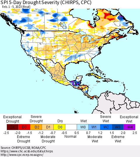 North America SPI 5-Day Drought Severity (CHIRPS) Thematic Map For 2/1/2023 - 2/5/2023