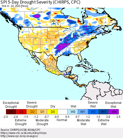 North America SPI 5-Day Drought Severity (CHIRPS) Thematic Map For 2/6/2023 - 2/10/2023