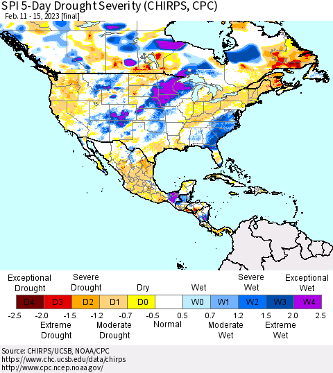 North America SPI 5-Day Drought Severity (CHIRPS) Thematic Map For 2/11/2023 - 2/15/2023