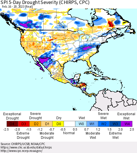 North America SPI 5-Day Drought Severity (CHIRPS) Thematic Map For 2/16/2023 - 2/20/2023