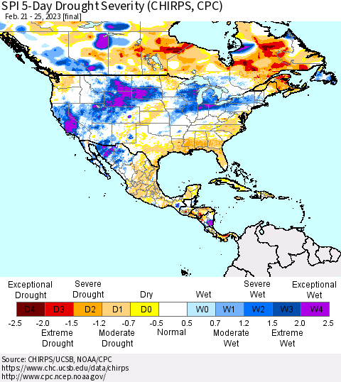 North America SPI 5-Day Drought Severity (CHIRPS) Thematic Map For 2/21/2023 - 2/25/2023