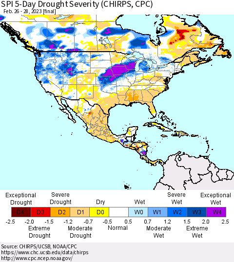 North America SPI 5-Day Drought Severity (CHIRPS) Thematic Map For 2/26/2023 - 2/28/2023