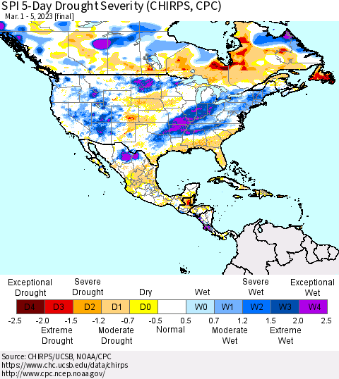 North America SPI 5-Day Drought Severity (CHIRPS) Thematic Map For 3/1/2023 - 3/5/2023