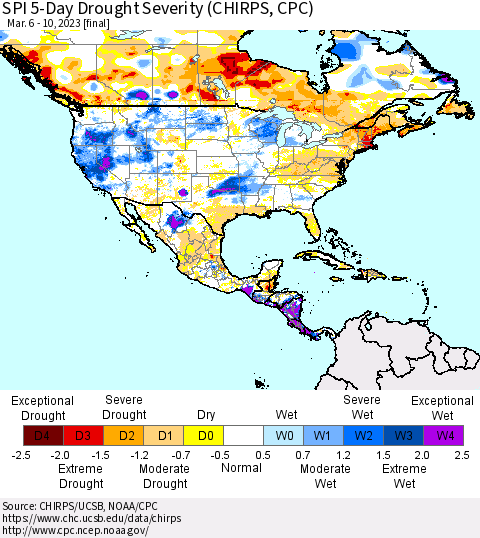 North America SPI 5-Day Drought Severity (CHIRPS) Thematic Map For 3/6/2023 - 3/10/2023