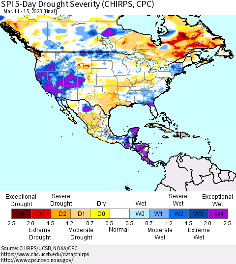 North America SPI 5-Day Drought Severity (CHIRPS) Thematic Map For 3/11/2023 - 3/15/2023
