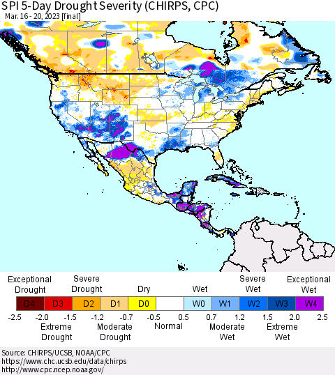 North America SPI 5-Day Drought Severity (CHIRPS) Thematic Map For 3/16/2023 - 3/20/2023