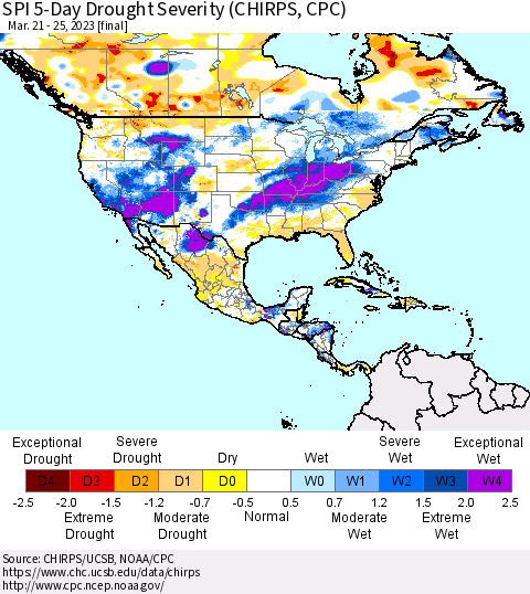 North America SPI 5-Day Drought Severity (CHIRPS) Thematic Map For 3/21/2023 - 3/25/2023