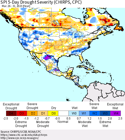 North America SPI 5-Day Drought Severity (CHIRPS) Thematic Map For 3/26/2023 - 3/31/2023