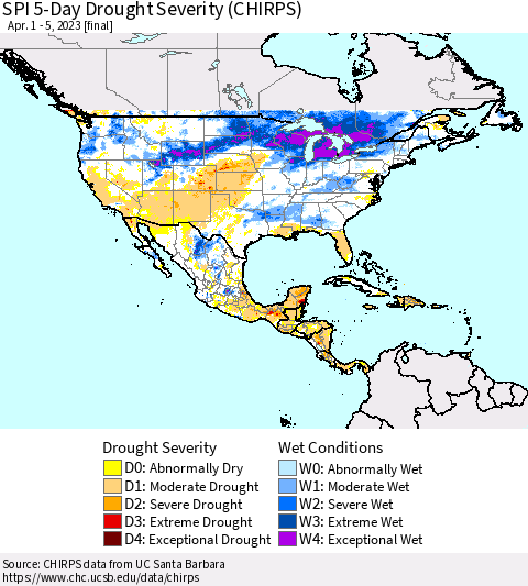 North America SPI 5-Day Drought Severity (CHIRPS) Thematic Map For 4/1/2023 - 4/5/2023