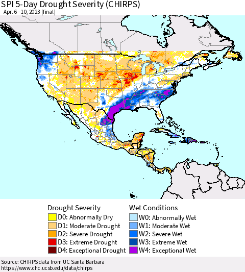 North America SPI 5-Day Drought Severity (CHIRPS) Thematic Map For 4/6/2023 - 4/10/2023