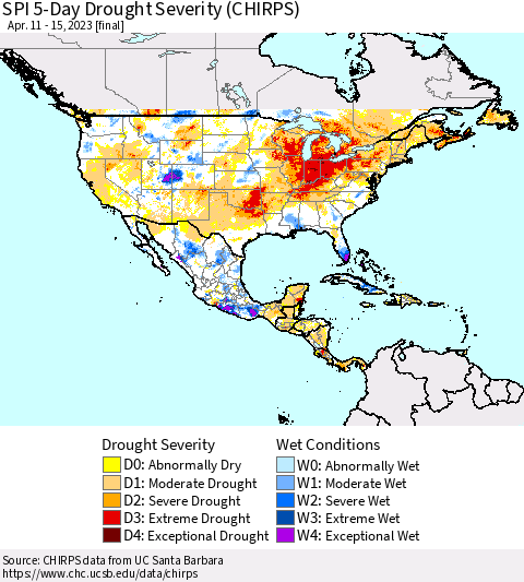 North America SPI 5-Day Drought Severity (CHIRPS) Thematic Map For 4/11/2023 - 4/15/2023