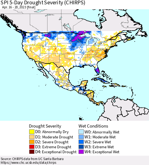 North America SPI 5-Day Drought Severity (CHIRPS) Thematic Map For 4/16/2023 - 4/20/2023