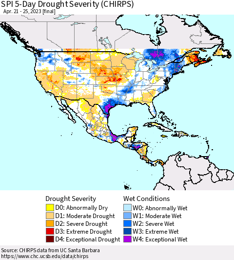 North America SPI 5-Day Drought Severity (CHIRPS) Thematic Map For 4/21/2023 - 4/25/2023
