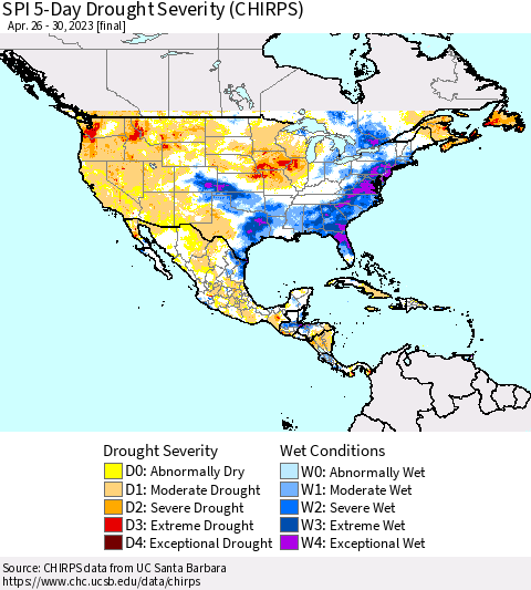 North America SPI 5-Day Drought Severity (CHIRPS) Thematic Map For 4/26/2023 - 4/30/2023