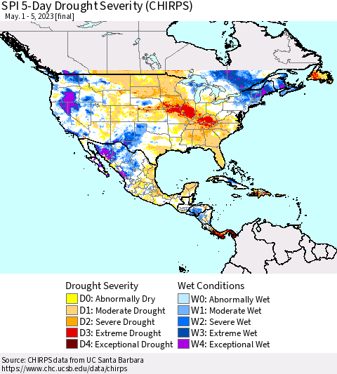 North America SPI 5-Day Drought Severity (CHIRPS) Thematic Map For 5/1/2023 - 5/5/2023