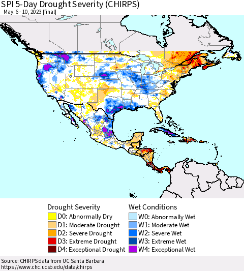North America SPI 5-Day Drought Severity (CHIRPS) Thematic Map For 5/6/2023 - 5/10/2023