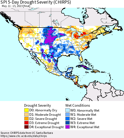 North America SPI 5-Day Drought Severity (CHIRPS) Thematic Map For 5/11/2023 - 5/15/2023