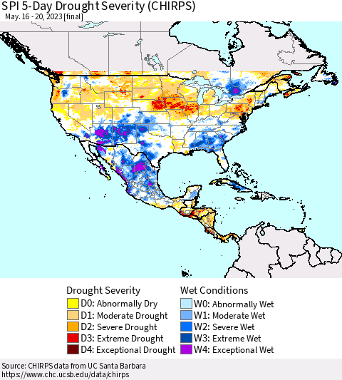 North America SPI 5-Day Drought Severity (CHIRPS) Thematic Map For 5/16/2023 - 5/20/2023