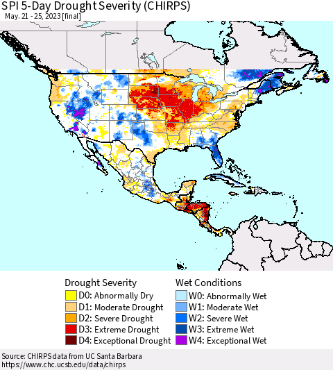North America SPI 5-Day Drought Severity (CHIRPS) Thematic Map For 5/21/2023 - 5/25/2023