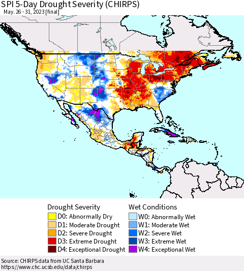 North America SPI 5-Day Drought Severity (CHIRPS) Thematic Map For 5/26/2023 - 5/31/2023