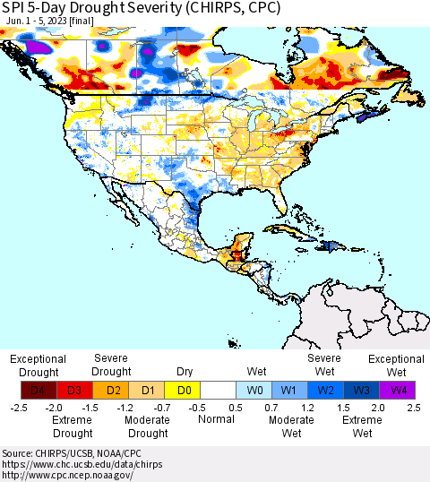 North America SPI 5-Day Drought Severity (CHIRPS) Thematic Map For 6/1/2023 - 6/5/2023