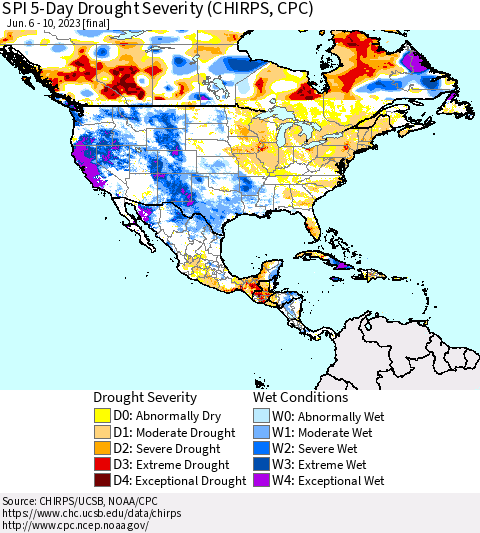 North America SPI 5-Day Drought Severity (CHIRPS) Thematic Map For 6/6/2023 - 6/10/2023