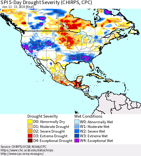 North America SPI 5-Day Drought Severity (CHIRPS) Thematic Map For 6/11/2023 - 6/15/2023