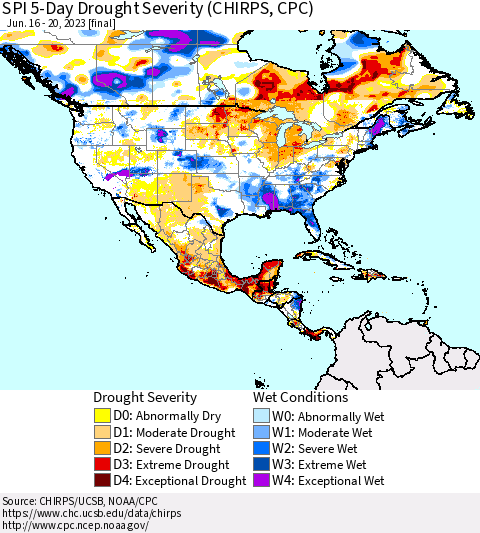 North America SPI 5-Day Drought Severity (CHIRPS) Thematic Map For 6/16/2023 - 6/20/2023