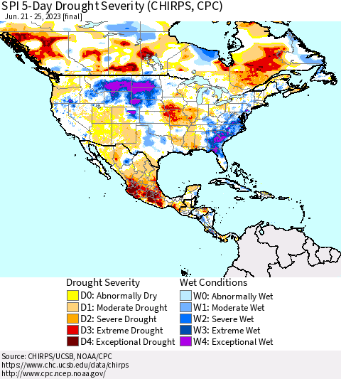 North America SPI 5-Day Drought Severity (CHIRPS) Thematic Map For 6/21/2023 - 6/25/2023