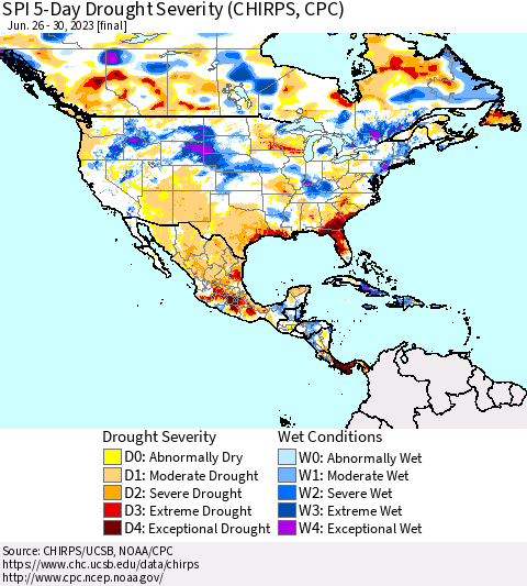 North America SPI 5-Day Drought Severity (CHIRPS) Thematic Map For 6/26/2023 - 6/30/2023