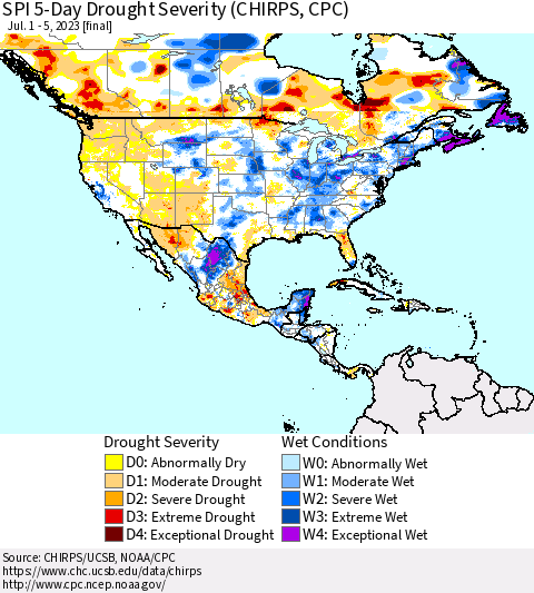 North America SPI 5-Day Drought Severity (CHIRPS) Thematic Map For 7/1/2023 - 7/5/2023