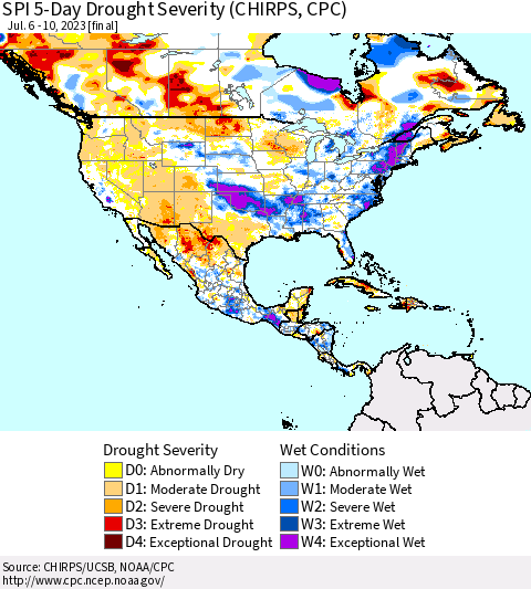 North America SPI 5-Day Drought Severity (CHIRPS) Thematic Map For 7/6/2023 - 7/10/2023
