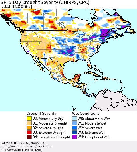North America SPI 5-Day Drought Severity (CHIRPS) Thematic Map For 7/11/2023 - 7/15/2023