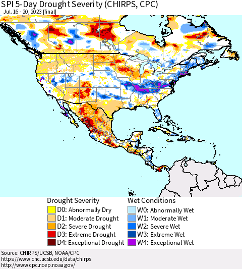 North America SPI 5-Day Drought Severity (CHIRPS) Thematic Map For 7/16/2023 - 7/20/2023