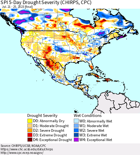 North America SPI 5-Day Drought Severity (CHIRPS) Thematic Map For 7/21/2023 - 7/25/2023