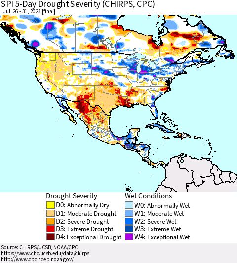 North America SPI 5-Day Drought Severity (CHIRPS) Thematic Map For 7/26/2023 - 7/31/2023