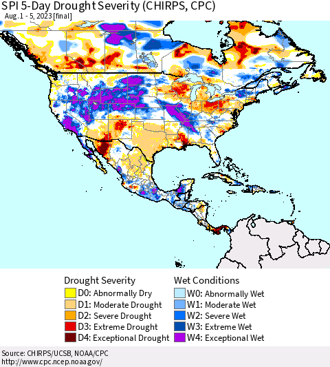 North America SPI 5-Day Drought Severity (CHIRPS) Thematic Map For 8/1/2023 - 8/5/2023
