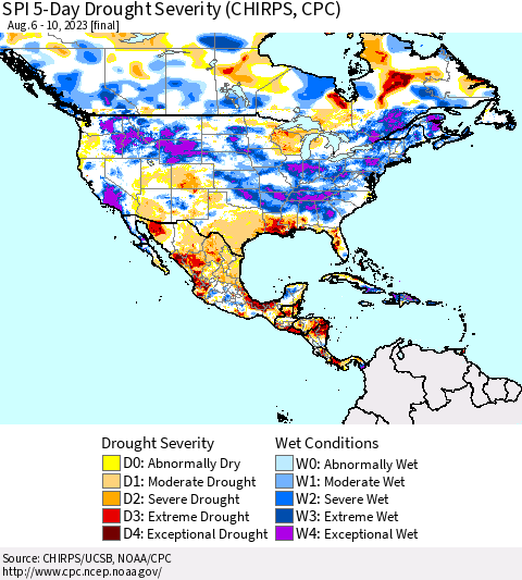 North America SPI 5-Day Drought Severity (CHIRPS) Thematic Map For 8/6/2023 - 8/10/2023