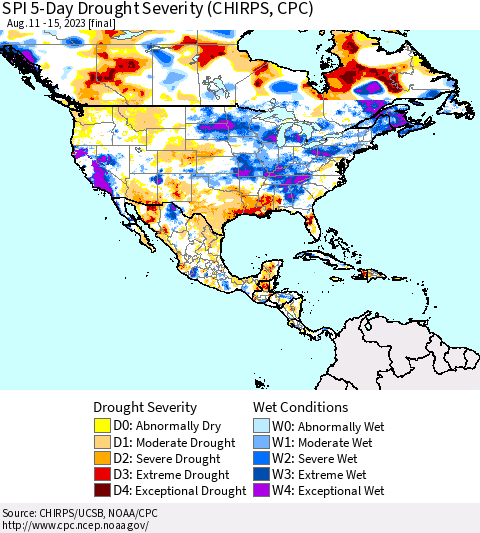 North America SPI 5-Day Drought Severity (CHIRPS) Thematic Map For 8/11/2023 - 8/15/2023